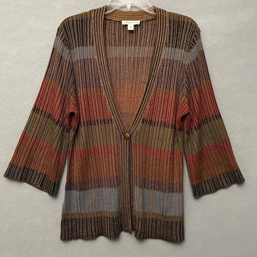 Coldwater Creek Women M Sweater Cardigan Multicolor Boho Striped Ribbed Button